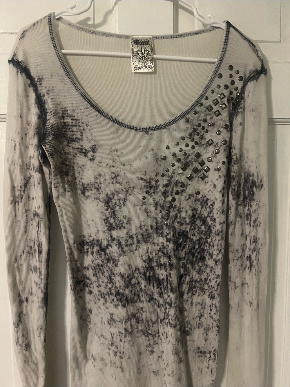 Corral White & Black Distressed Studded Long Sleeve Tee